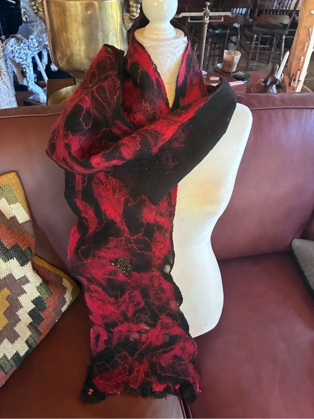 HANDMADE Red and Black wet Felted Wool Scarf - Elegant Women's Accessory.